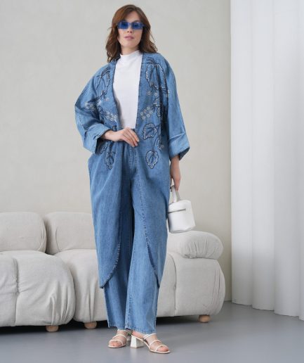 Boncuk İşlemeli Kot Kimono Hırka Ve Pantolon Takım