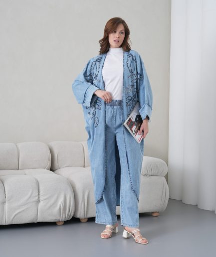 Boncuk İşlemeli Kot Kimono Hırka Ve  Pantolon Takım