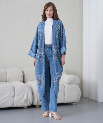 Boncuk İşlemeli Kot Kimono Hırka Ve Pantolon Takım