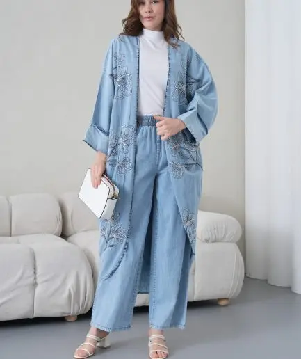 Boncuk İşlemeli Kot Kimono Hırka Ve Pantolon Takım