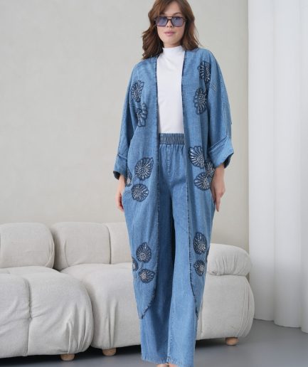 Boncuk İşlemeli Kot Kimono Hırka Ve Pantolon Takım