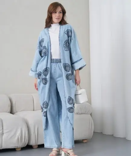 Boncuk İşlemeli Kot Kimono Hırka Ve Pantolon Takım