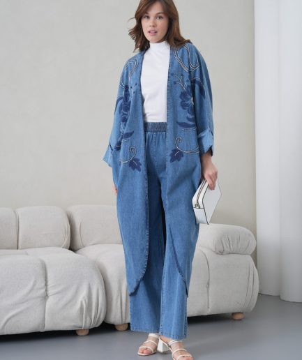 Boncuk İşlemeli Kot Kimono Hırka Ve Pantolon Takım