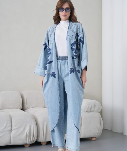 Boncuk İşlemeli Kot Kimono Hırka Ve Pantolon Takım