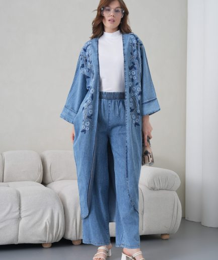 Boncuk İşlemeli Kot Kimono Hırka Ve Pantolon Takım