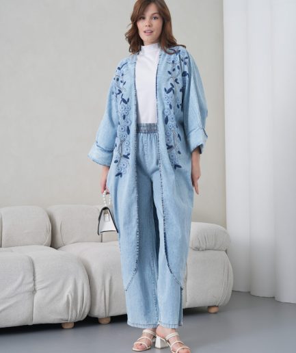 Boncuk İşlemeli Kot Kimono Hırka Ve Pantolon Takım