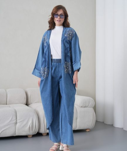 Boncuk İşlemeli Kot Kimono Hırka Ve Pantolon Takım