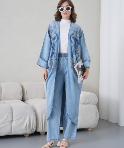 Boncuk İşlemeli Kot Kimono Hırka Ve Pantolon Takım