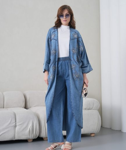 Boncuk İşlemeli Kot Kimono Hırka Ve Pantolon Takım