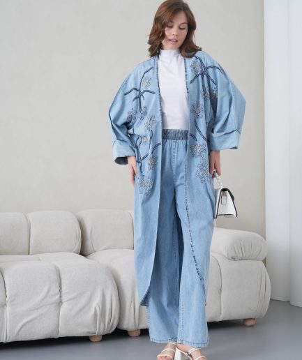 Boncuk İşlemeli Kot Kimono Hırka Ve Pantolon Takım