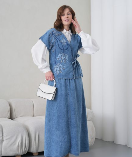 Boncuk Ve Nakış işlemeli Yelek Ve Kot Etek Takım