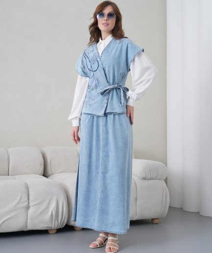 Boncuk Ve Nakış işlemeli Yelek Ve Kot Etek Takım