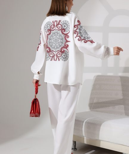 Nakış Ve Pul İşleme Detaylı Keten Kimono Ve Pantolon Takım