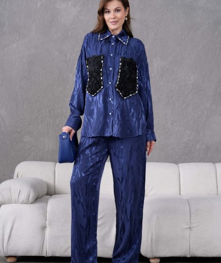 Taş İşlemeli Büyük Cepli Jakar Gömlek Ve Pantolon Takım