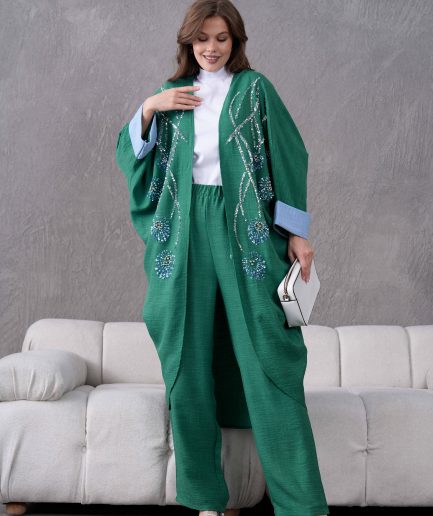 Boncuk İşlemeli Kimono Hırka Ve Pantolon Takım