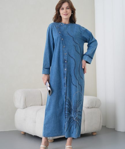 Boncuk Ve Nakış İşlemeli Geniş Kalıp Uzun Kot Elbise