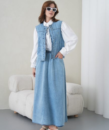 Boncuk Ve Nakış işlemeli Yelek Ve Kot Etek Takım