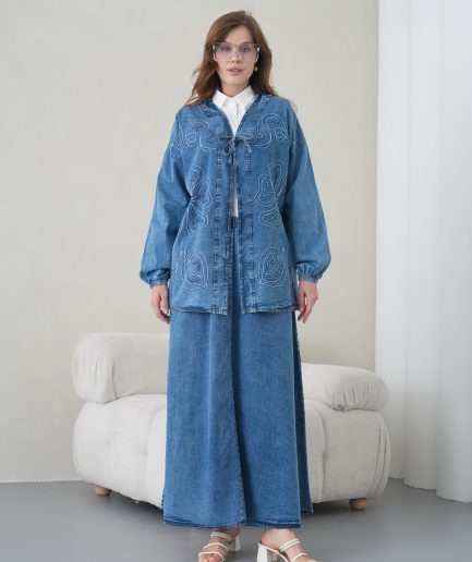 Boncuk Ve Nakış işlemeli Kot Ceket Ve Kot Etek Takım