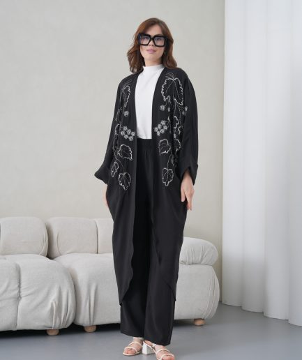 Boncuk İşlemeli Cupra Kimono Hırka Ve Pantolon Takım