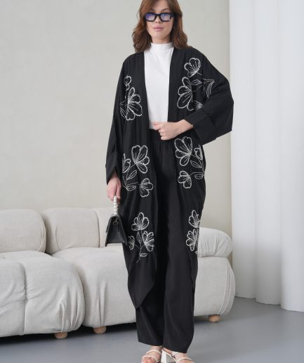 Boncuk İşlemeli Cupra Kimono Hırka Ve Pantolon Takım