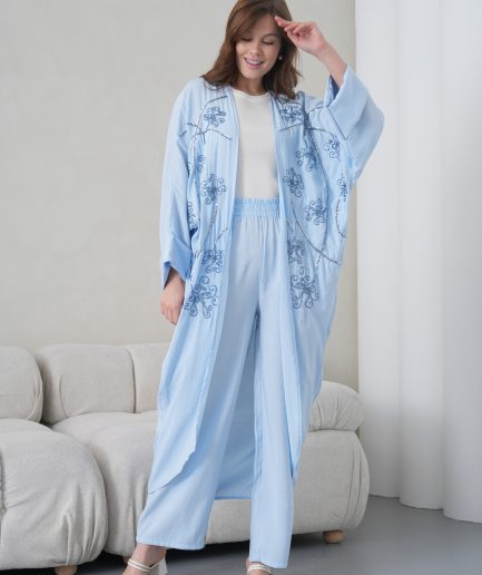 Boncuk İşlemeli Cupra Kimono Hırka Ve Pantolon Takım