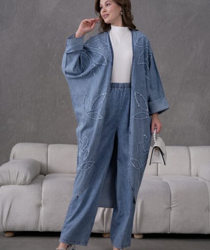 Boncuk İşlemeli Kot Kimono Hırka Ve Pantolon Takım