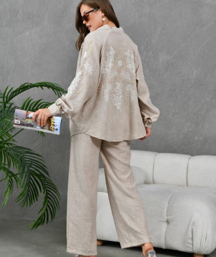 Boncuk İşlemeli Keten Kimono Hırka Ve Pantolon Takım