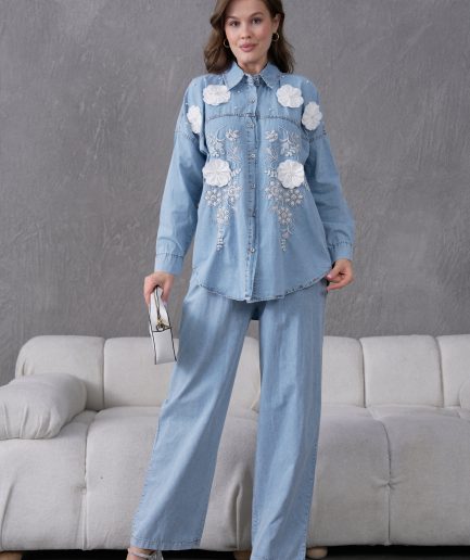 Boncuk Ve Nakış İşlemeli Çiçek Detaylı Kot Gömlek Ve Kot Pantolon Takım