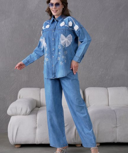 Boncuk Ve Nakış İşlemeli Çiçek Detaylı Kot Gömlek Ve Kot Pantolon Takım