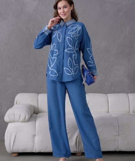 Boncuk Ve Nakış İşlemeli Keten Gömlek Ve Keten Pantolon Takım