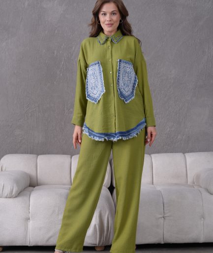 Boncuk Ve Nakış İşlemeli Keten Gömlek Ve Keten Pantolon Takım