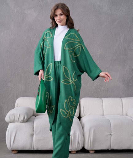 Boncuk İşlemeli Kimono Hırka Ve Pantolon Takım