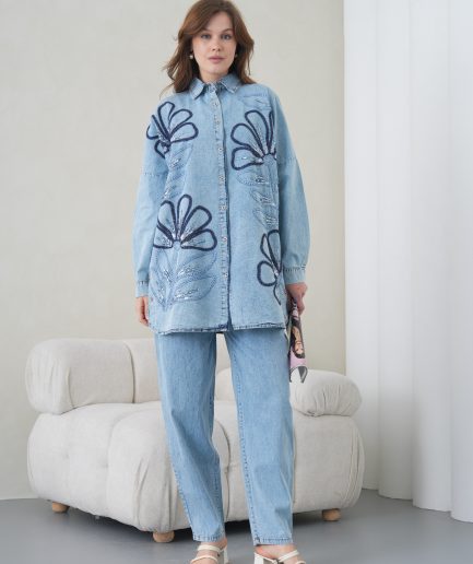 Boncuk Ve Nakış İşlemeli Kot Gömlek Ve Kot Pantolon Takım