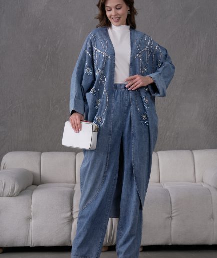 Boncuk İşlemeli Kot Kimono Hırka Ve Pantolon Takım