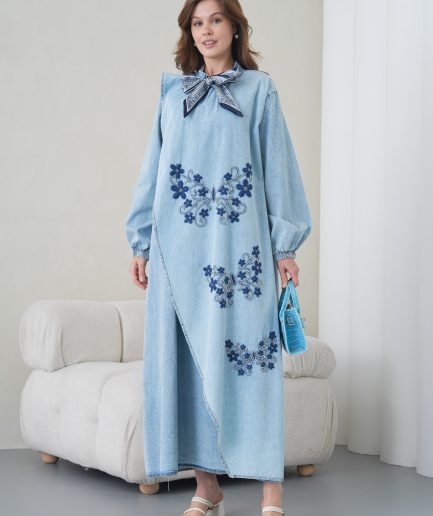 Boncuk Ve Nakış İşlemeli Fularlı Geniş Kalıp Uzun Kot Elbise