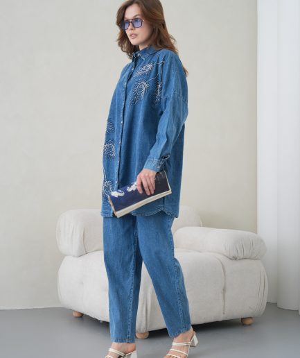 Boncuk Ve Nakış İşlemeli Kot Gömlek Ve Kot Pantolon Takım