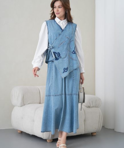 Boncuk Ve Nakış işlemeli Yelek Ve Kot Etek Takım