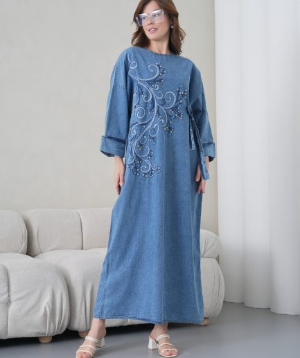 Boncuk Ve Nakış İşlemeli Geniş Kalıp Uzun Kot Elbise