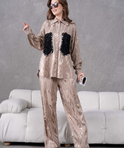 Taş İşlemeli Büyük Cepli Jakar Gömlek Ve Pantolon Takım