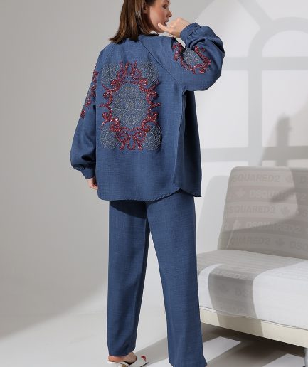 Nakış Ve Pul İşleme Detaylı Keten Kimono Ve Pantolon Takım