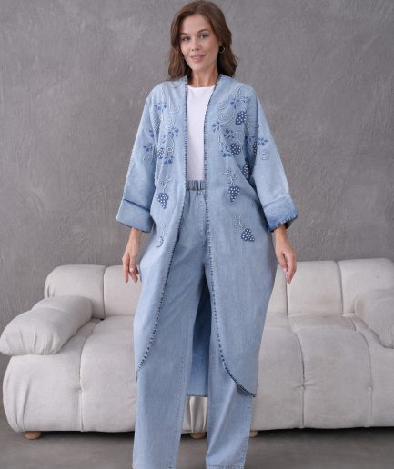 Boncuk İşlemeli Kot Kimono Hırka Ve Pantolon Takım