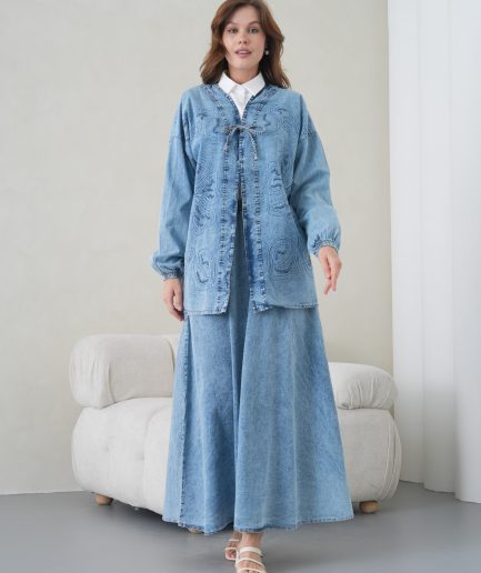 Boncuk Ve Nakış işlemeli Kot Ceket Ve Kot Etek Takım