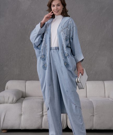 Boncuk İşlemeli Kot Kimono Hırka Ve Pantolon Takım