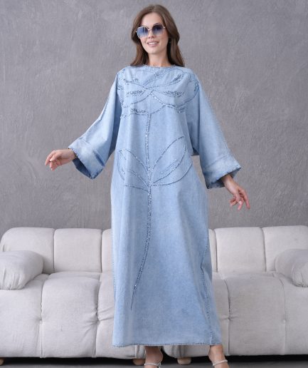 Boncuk Ve Nakış İşlemeli Geniş Kalıp Uzun Kot Elbise