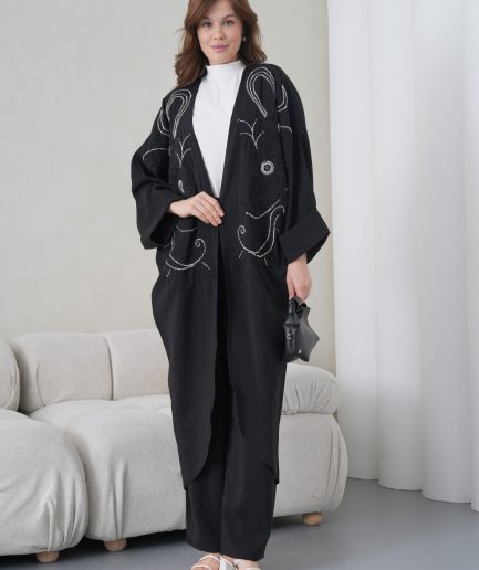 Boncuk İşlemeli Cupra Kimono Hırka Ve Pantolon Takım