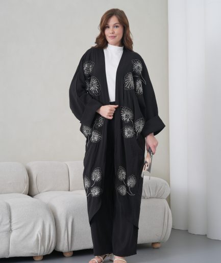 Boncuk İşlemeli Cupra Kimono Hırka Ve Pantolon Takım