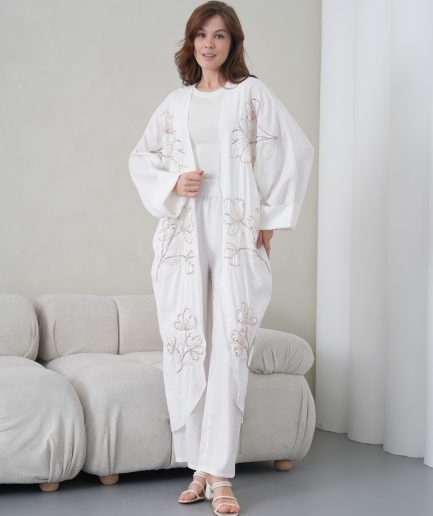 Boncuk İşlemeli Cupra Kimono Hırka Ve Pantolon Takım