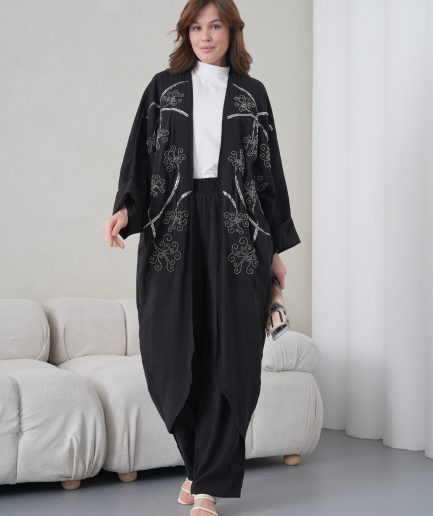 Boncuk İşlemeli Cupra Kimono Hırka Ve Pantolon Takım