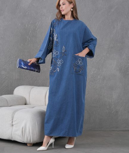 Boncuk Ve Nakış İşlemeli Geniş Kalıp Uzun Kot Elbise