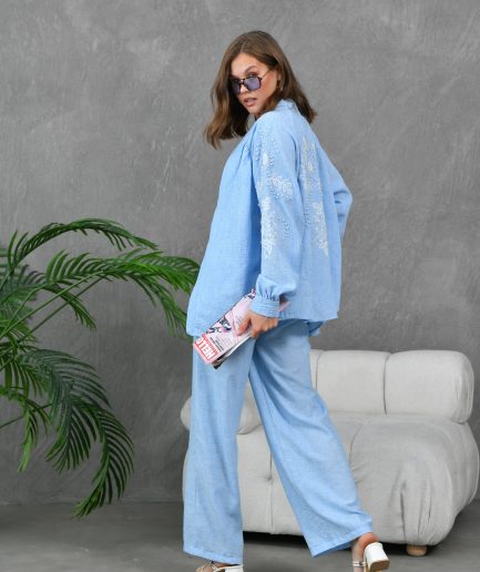 Boncuk İşlemeli Keten Kimono Hırka Ve Pantolon Takım